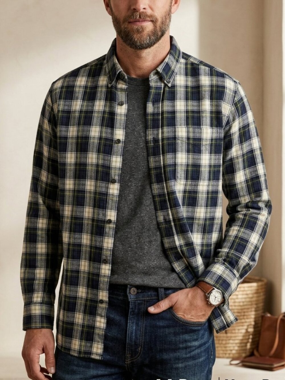 Relaxed‎ Plaid L.L. Bean Navy Blue Cotton Flannel Shirt Size M Medium